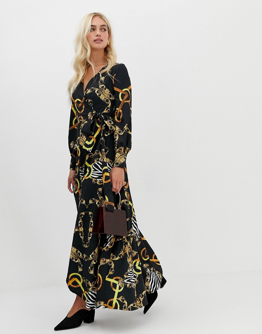 Zibi London wrap front chain patterned midi dress with slip detail