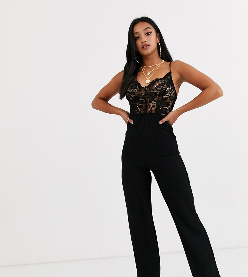 PrettyLittleThing Petite wide leg jumpsuit with lace cami top in black