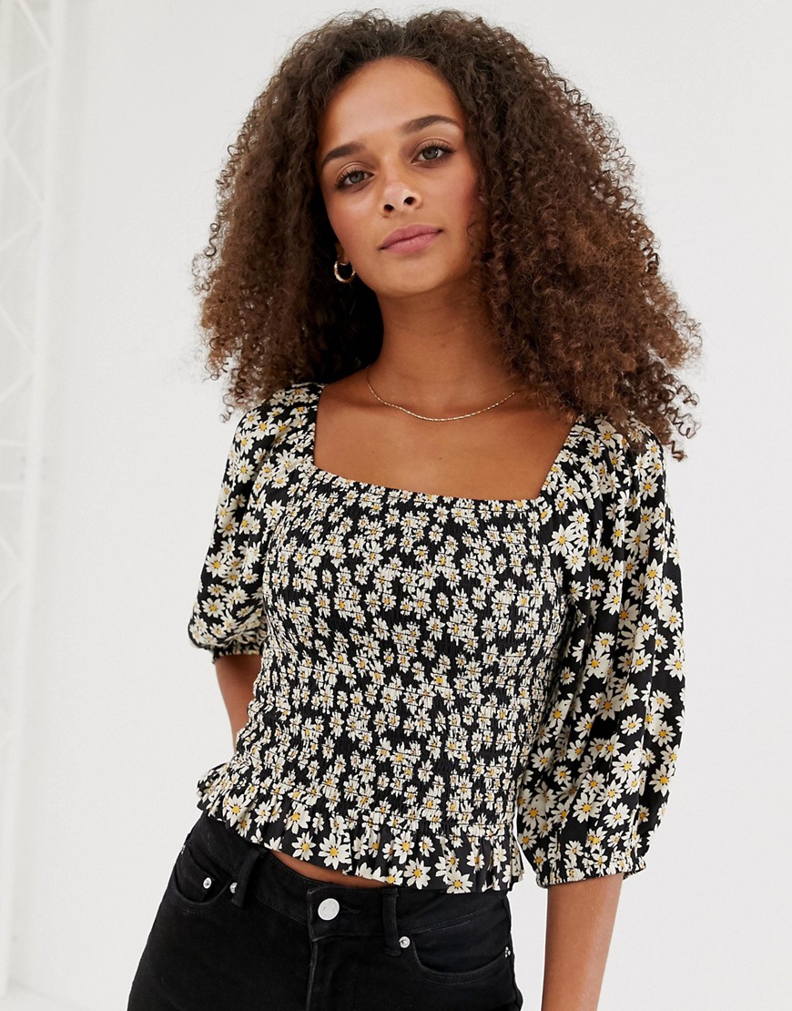 New Look square neck puff sleeve blouse in black pattern