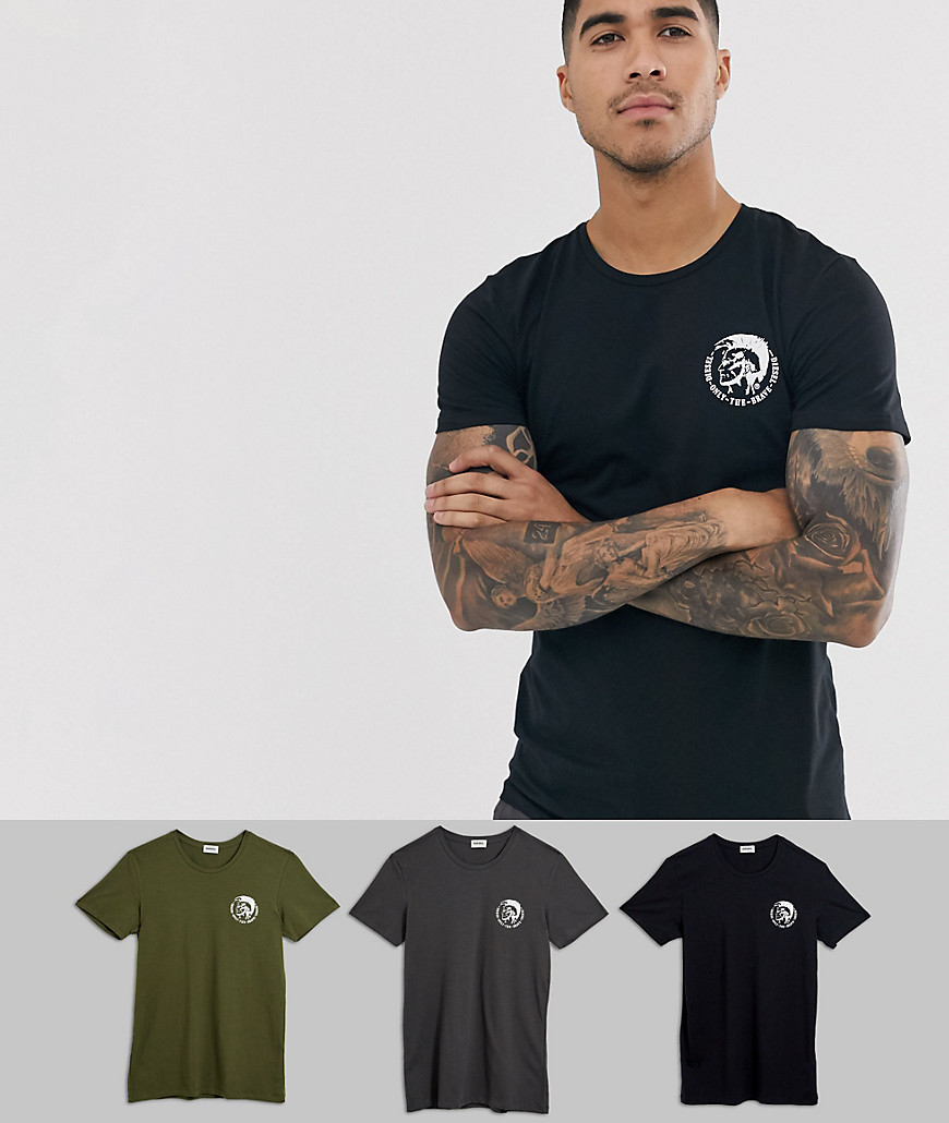 Diesel UMTEE-Randal 3 pack mohawk logo loungewear t-shirts in multi