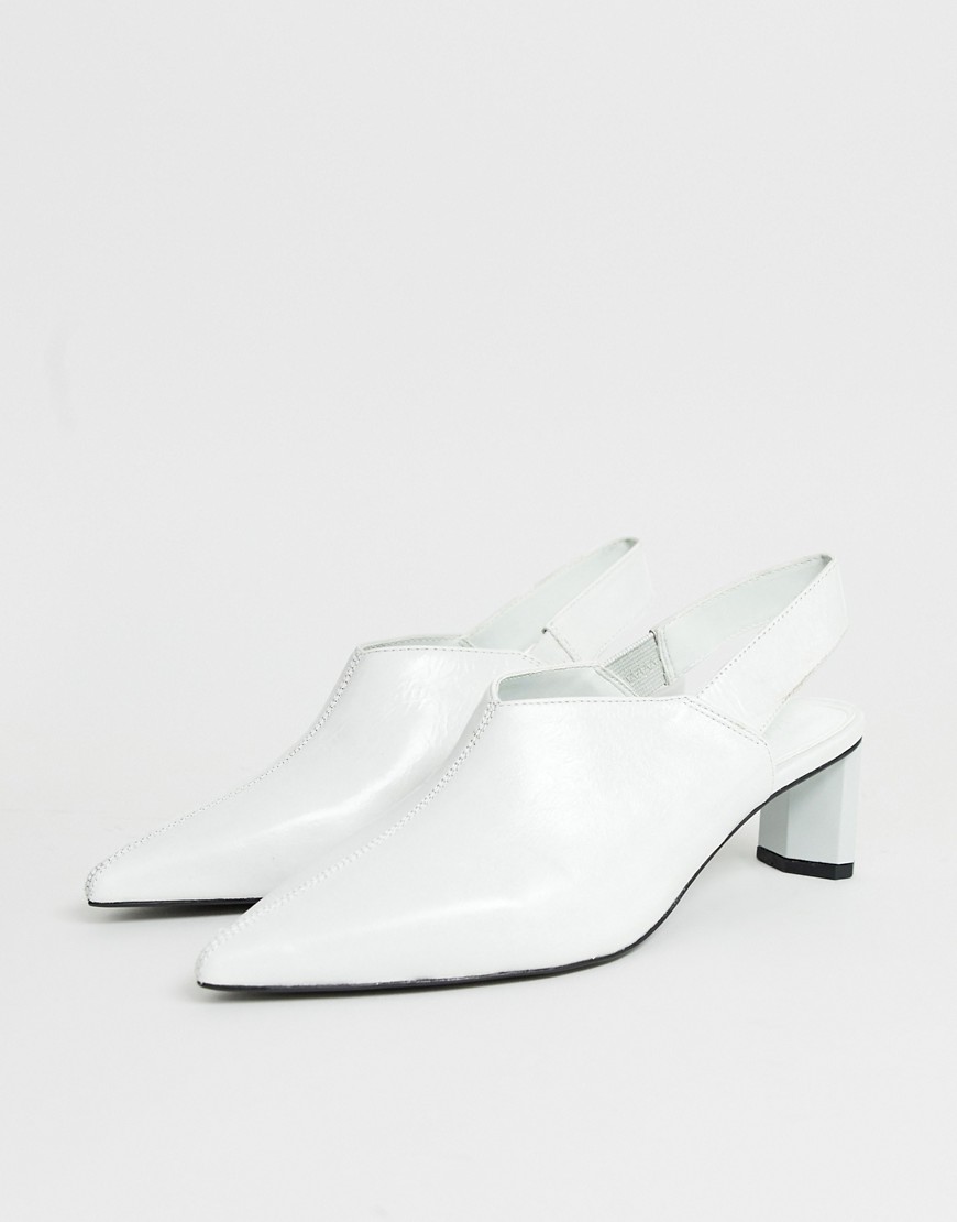 Mango leather sling back shoe on setback heel in white