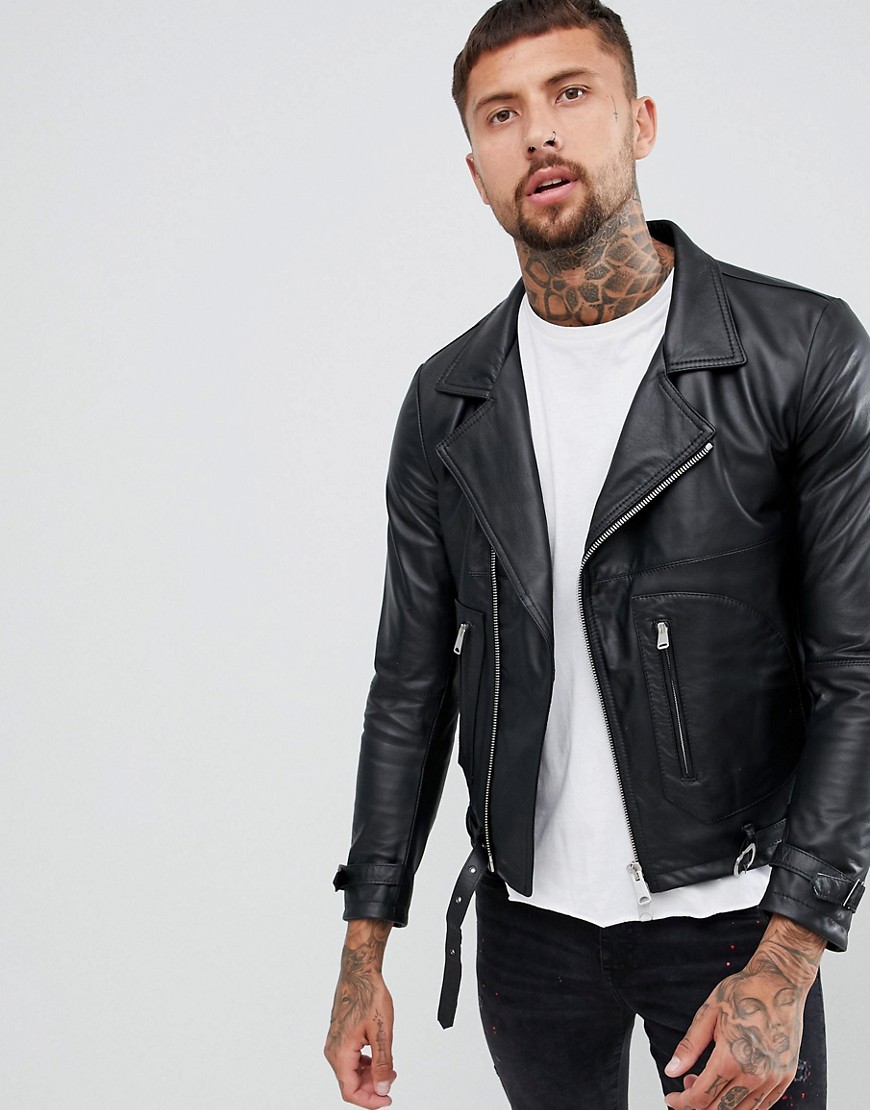 Replay leather biker jacket zip detail in black