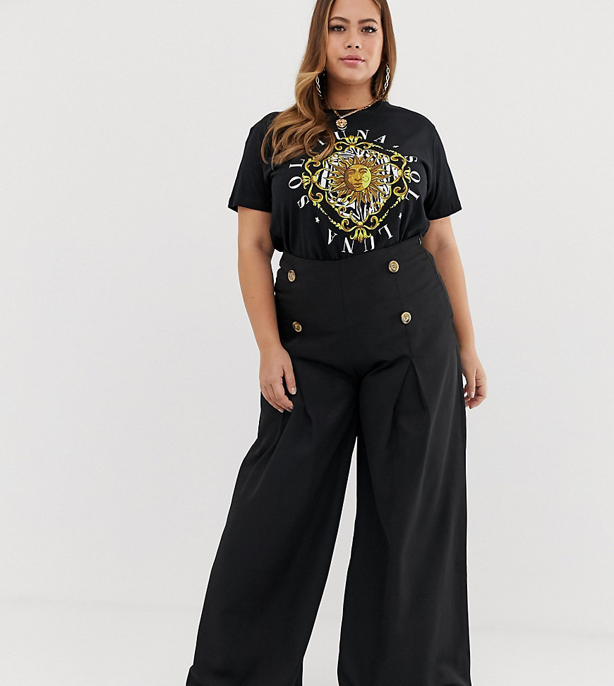 Missguided Plus wide leg trouser with front pleat and button detail