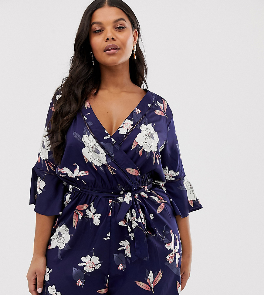 Influence Plus wrap front playsuit with ladder detail in floral print