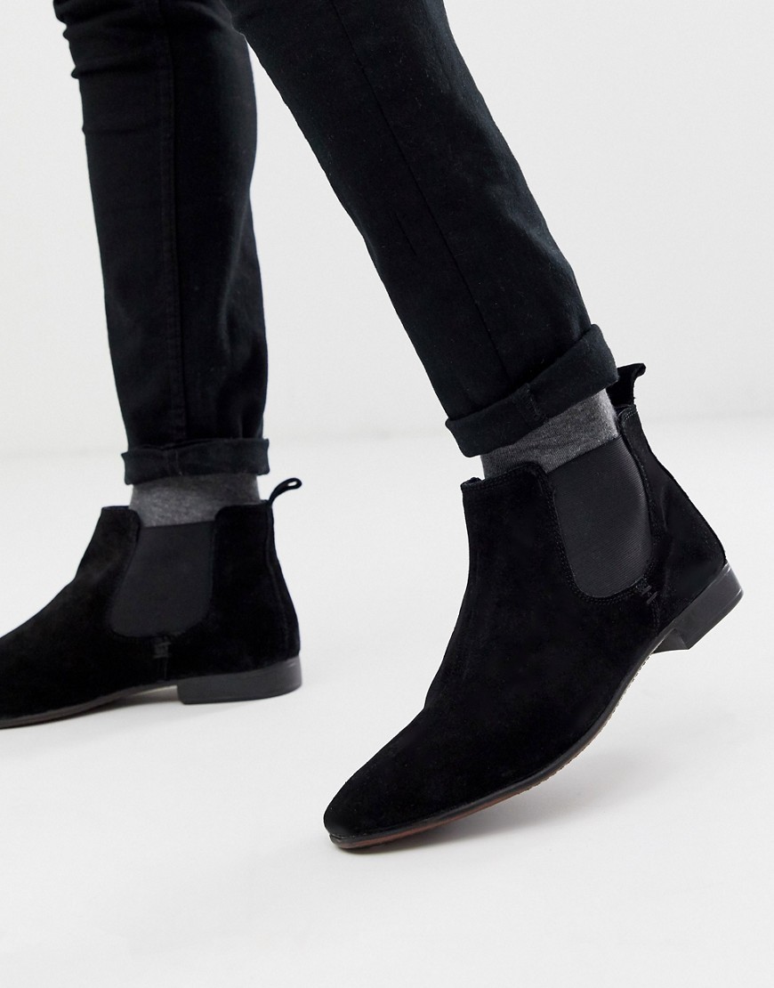 Silver Street Chelsea Boot with Contrast Gusset in Black Suede