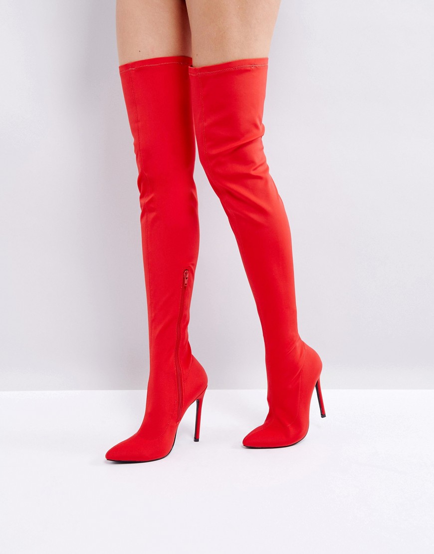 Truffle Collection Stiletto Thigh High Boot - Red lycra