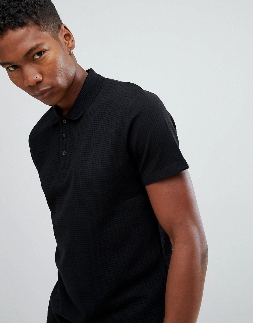 Selected Homme Polo Shirt In Structured Waffle - Black beauty