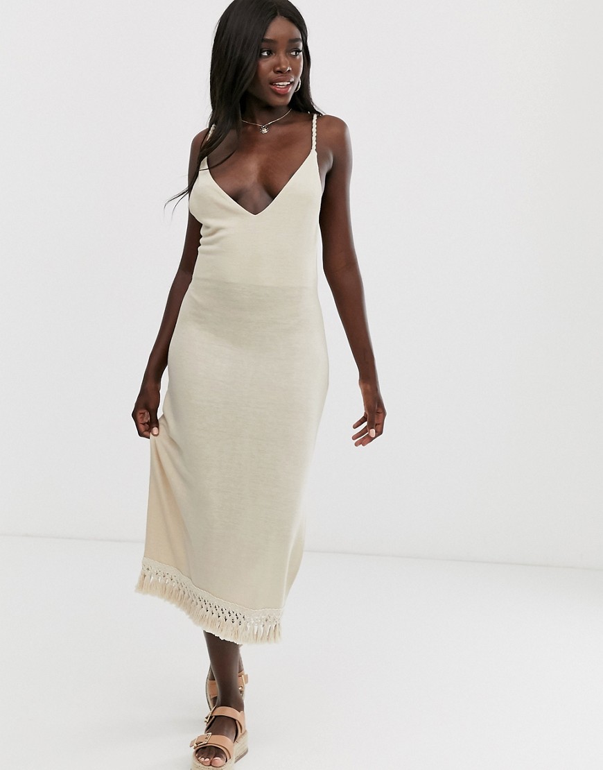 Asos Design Marl Midi Dress With Tassel Hem-beige