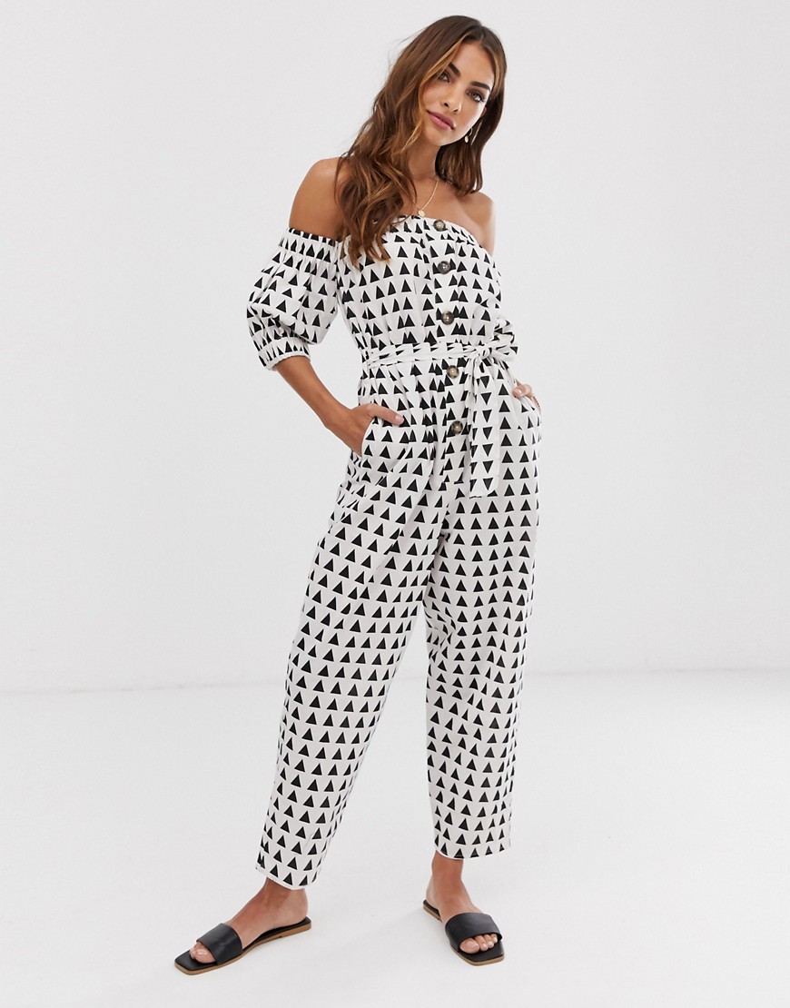 ASOS DESIGN off shoulder button front jumpsuit with tie waist in triangle print