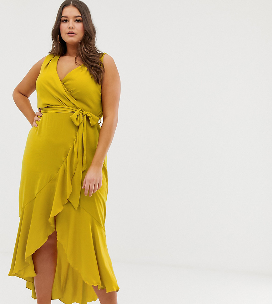 Flounce London Plus wrap front midaxi dress in chartreuse