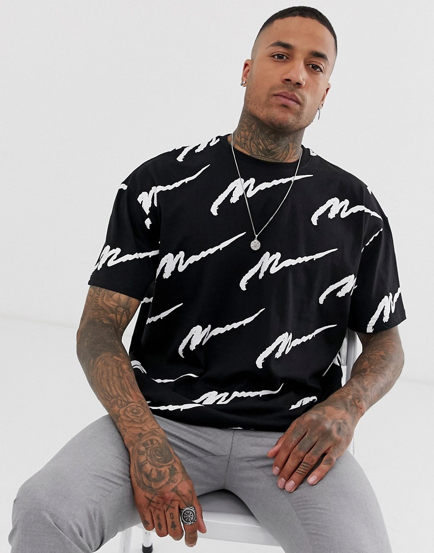boohooMAN all over print t-shirt in black