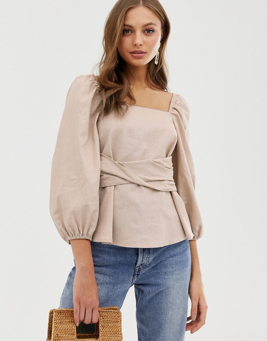 ASOS DESIGN long sleeve square neck top with volume sleeves in linen look fabric