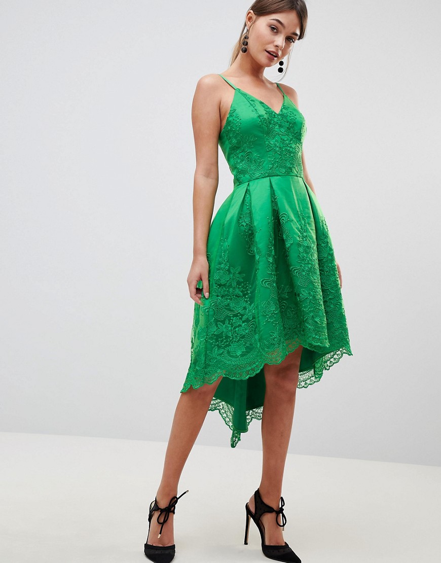 Chi Chi London Premium Lace Dress with Cami Strap - Bright green