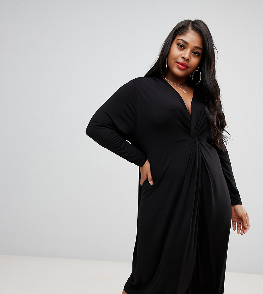 ASOS DESIGN Curve relaxed long sleeve midi dress with knot front