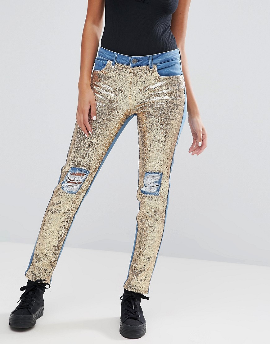 Kubban Distressed Sequin Front Skinny Jeans - Mid blue / gold