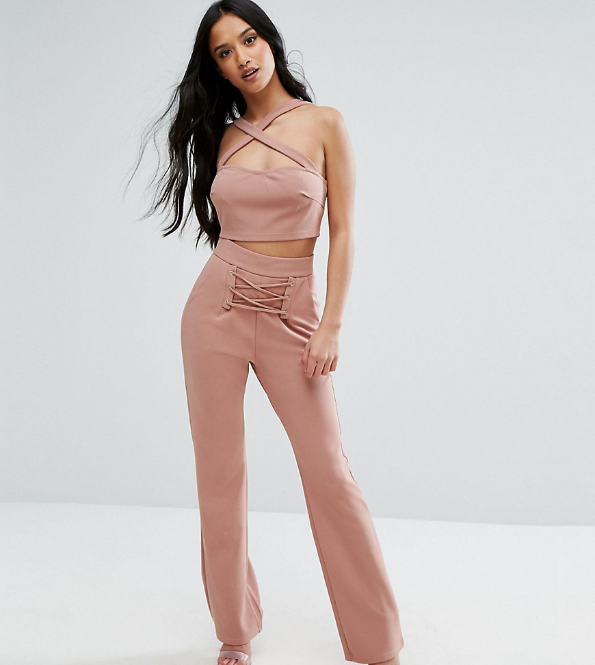 NaaNaa Petite High Waisted Tailored Trouser With Corset Lace Up Detail - Nude