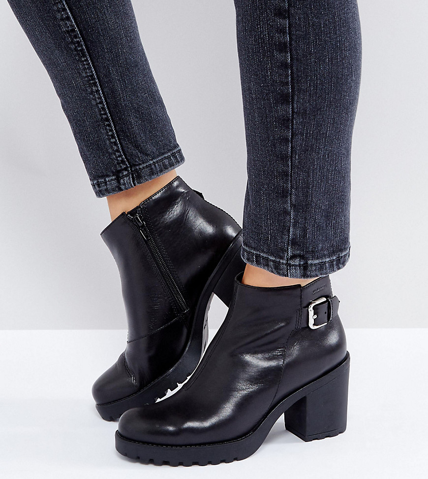 Vagabond Grace Buckle Detail Black Chunky Leather Ankle Boots - Black