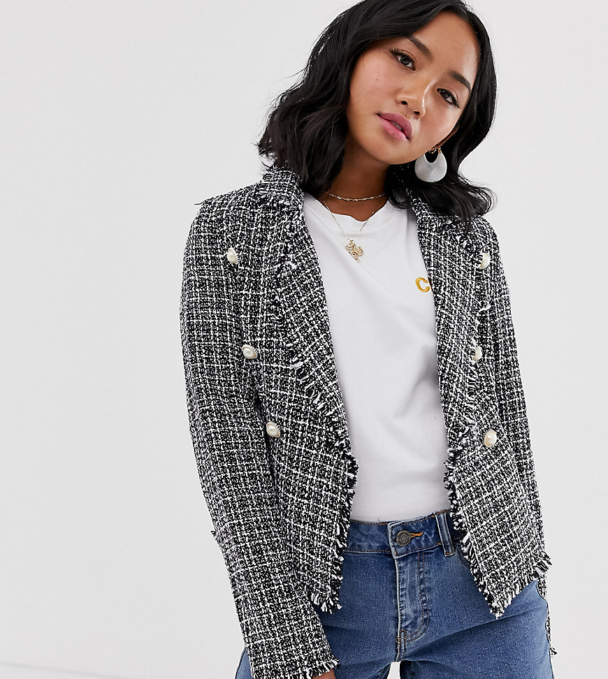 Parisian Petite crop tweed blazer with pearl effect buttons