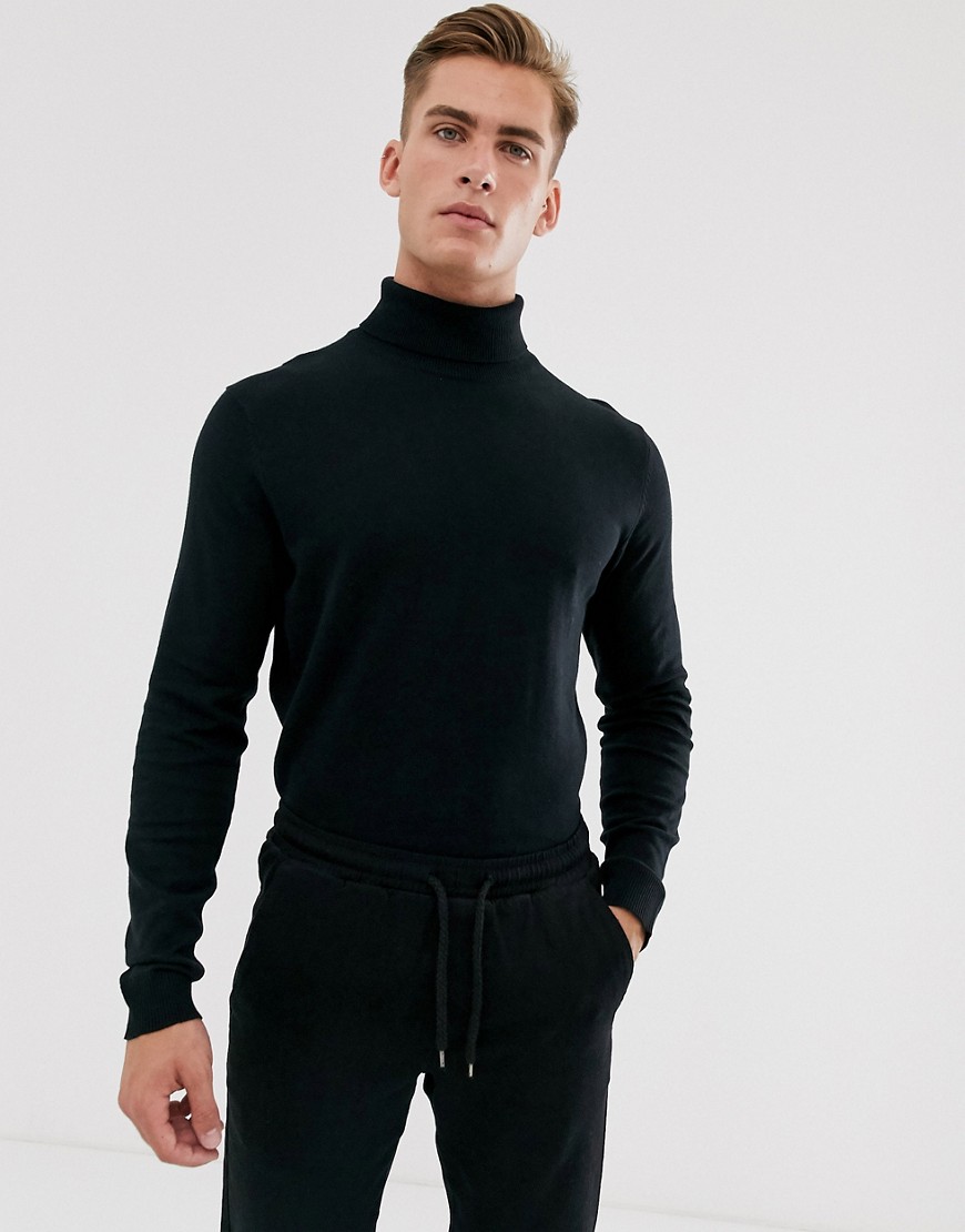 Selected Homme cotton knitted roll neck in black