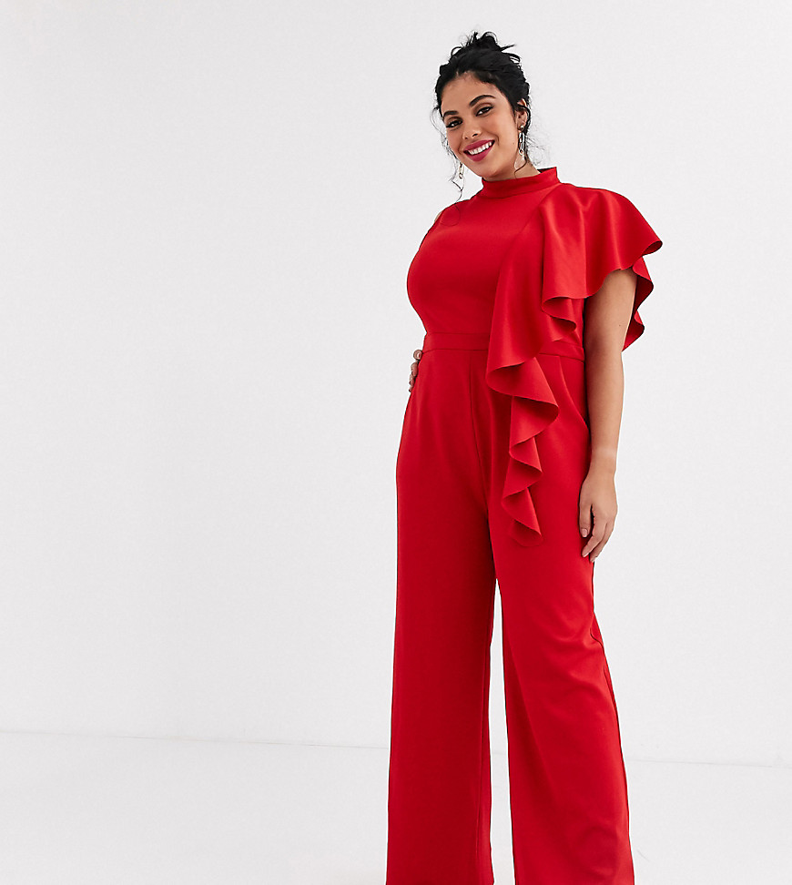 Chi Chi London Plus high neck scuba jumpsuit with frill detail in red