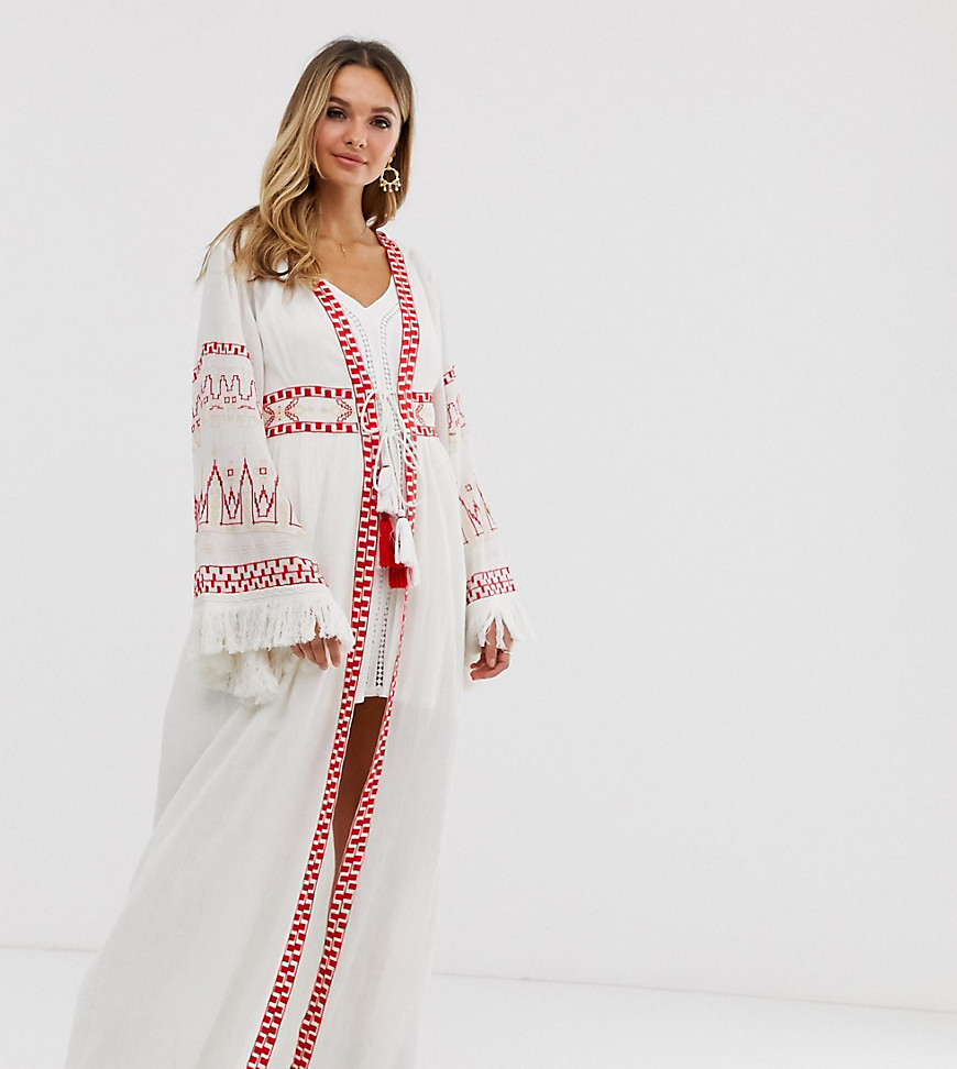 Violet Skye maxi kimono jacket with fringe sleeves and tassels in cream