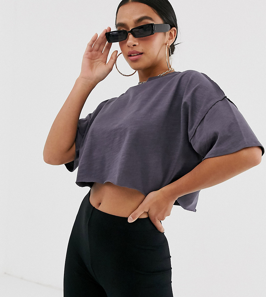 ASOS DESIGN Petite boxy crop t-shirt with exposed seams in charcoal