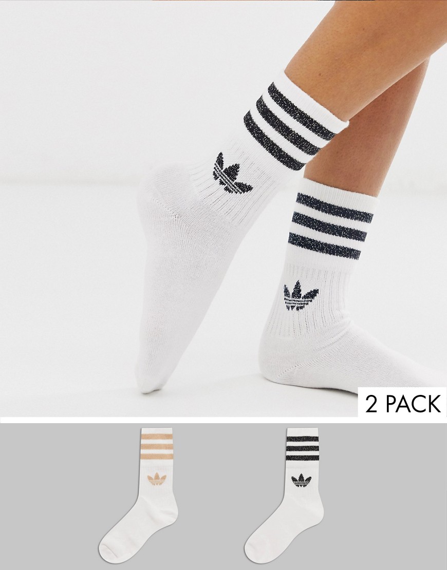 adidas Originals glitter 2 pack crew socks in black and cream