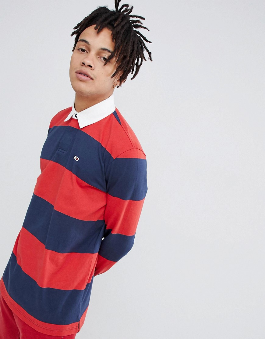 Tommy Jeans Classic stripe rugby polo flag logo in navy/red