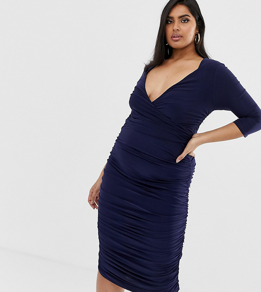 Koco & K Plus soft touch plunge front all over ruched midi cami pencil dress in navy