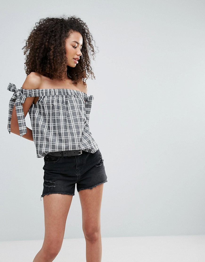 Mink Pink Check Off The Shoulder Tie Top - Grey / white