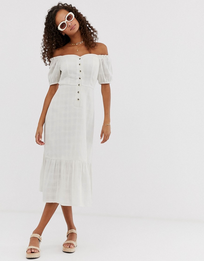 Asos Design Button Through Off Shoulder Midi Dress In Texture-white