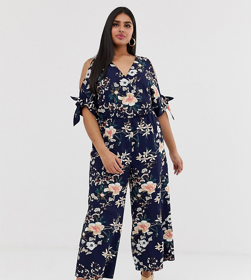 Simply Be cold shoulder jumpsuit in navy floral