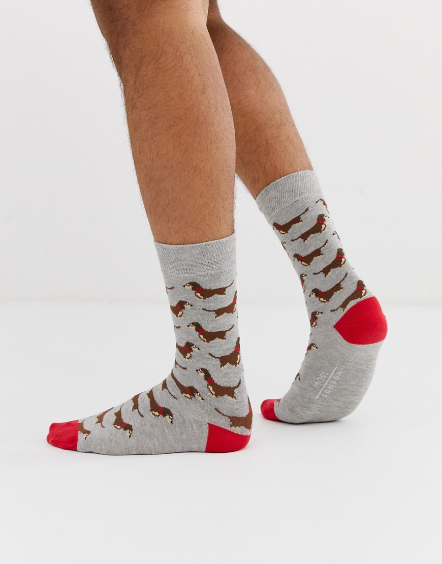 Moss London cotton mix socks in grey with dog print