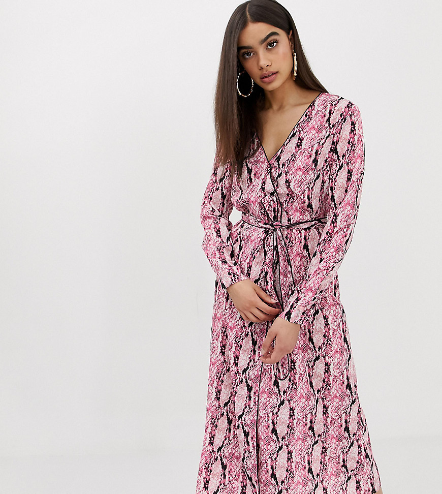 PrettyLittleThing exclusive belted midi dress in pink snake