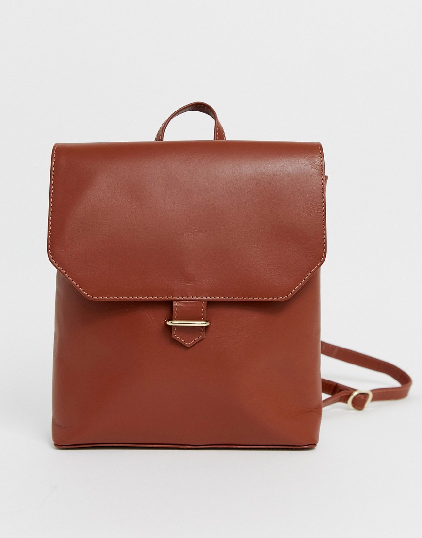 Asos Design Leather Backpack With Slot Through Detail-tan