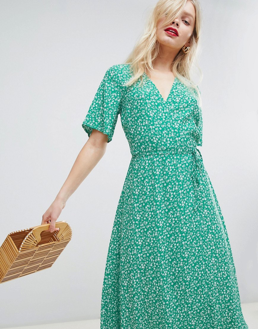 New Look Print Wrap Midi Dress - Green pattern