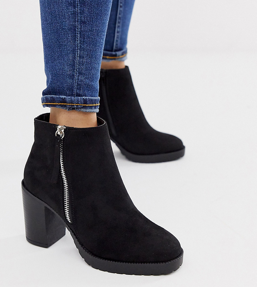 New Look Wide Fit faux suede zip detail heeled boots in black