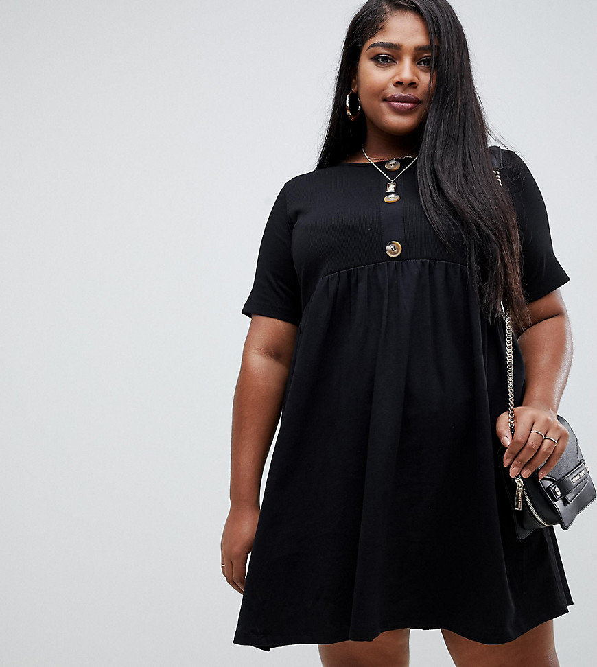 ASOS DESIGN Curve mixed fabric mini smock dress with faux horn button