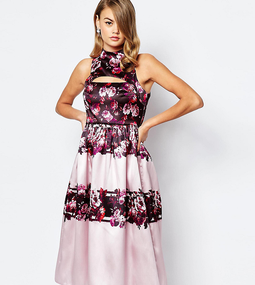 True Violet Full Prom Midi Dress In Sateen With Cut Out - Lilac floral