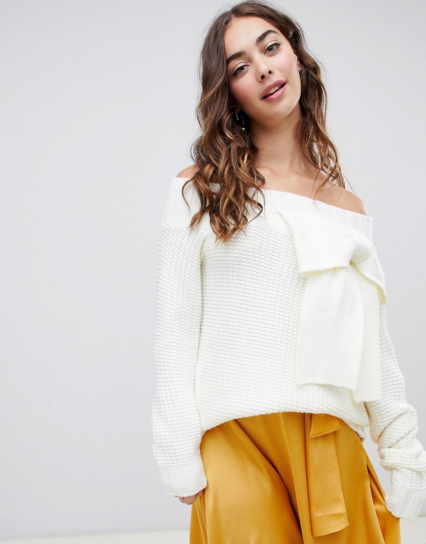 Lost Ink off shoulder jumper with 3d bow in chunky knit - Off white