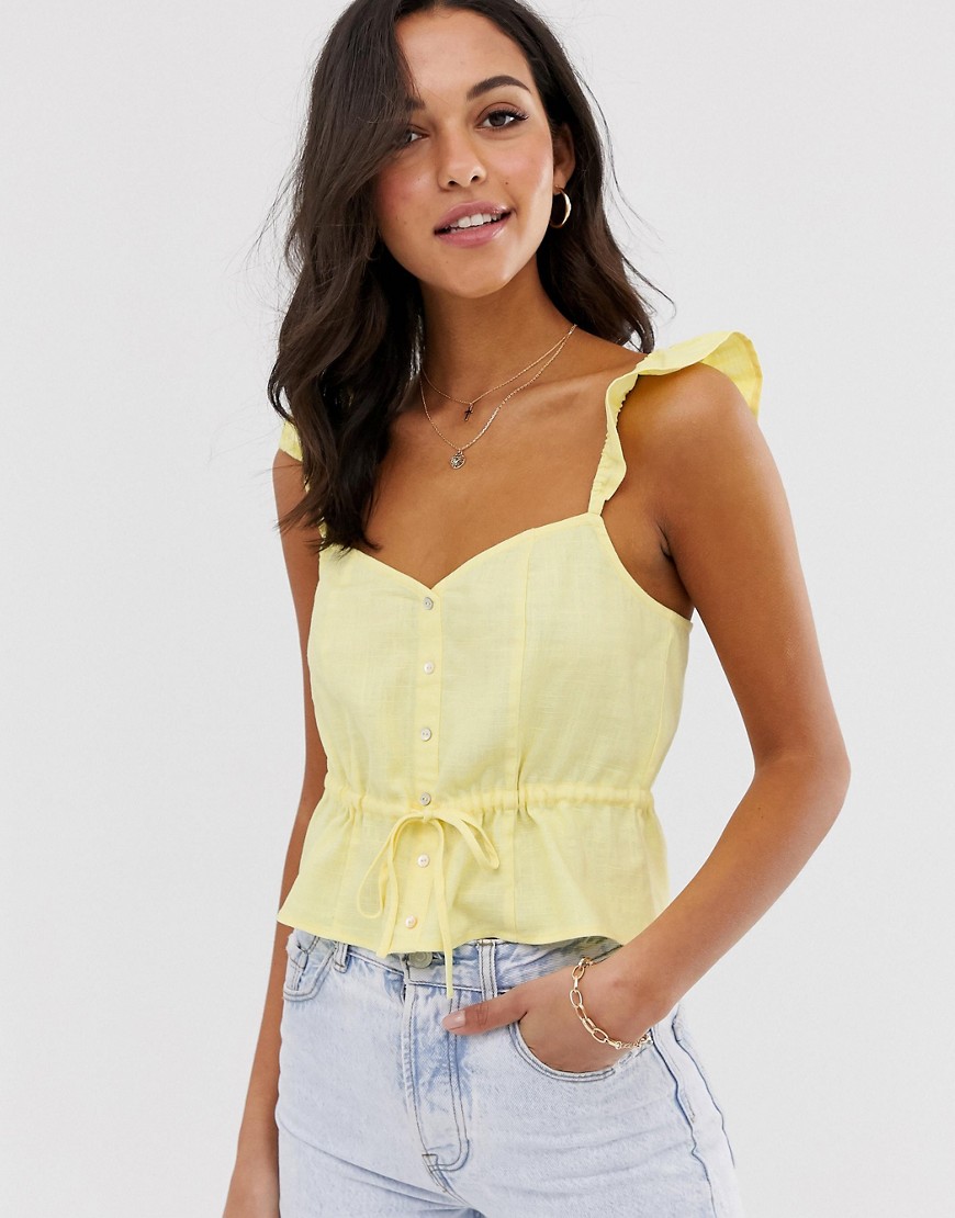 Stradivarius button front top with waist cord in yellow