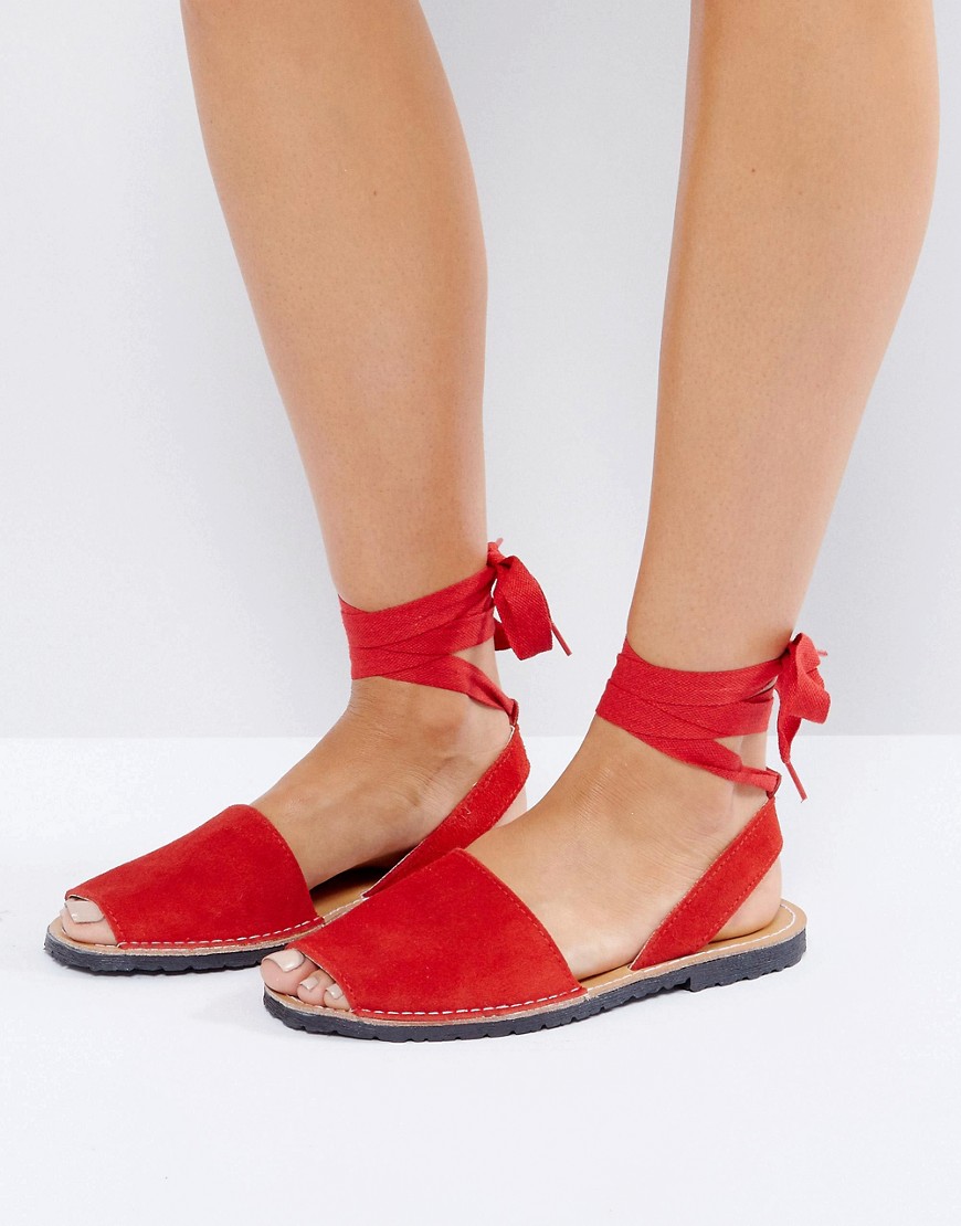 Park Lane Flat Tie Ankle Suede Sandal - Red suede