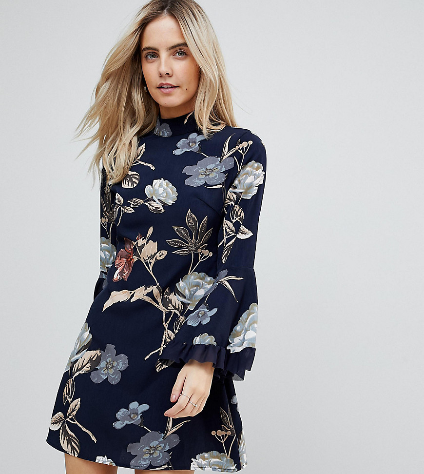 Parisan Petite High Neck Floral Dress With Flare Sleeve - Navy