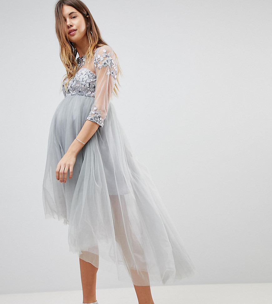 Chi Chi London Maternity High Neck Tulle Midi Skater Dress With Lace Sleeves and High Low Hem