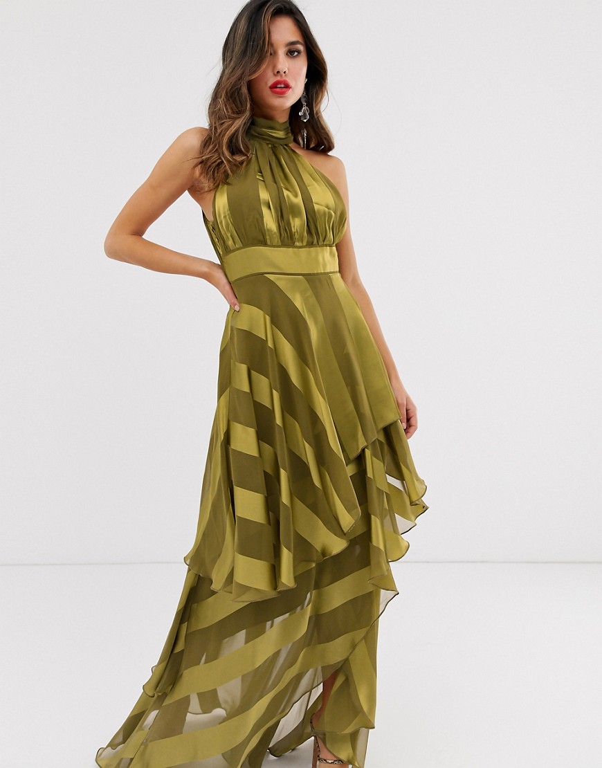 Asos Design High Neck Tiered Maxi Dress In Sheer And Solid Stripe-gold