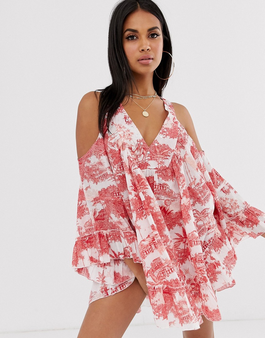 Asos Design Cold Shoulder Red Floral Print Beach Dress With Stud Detail-multi