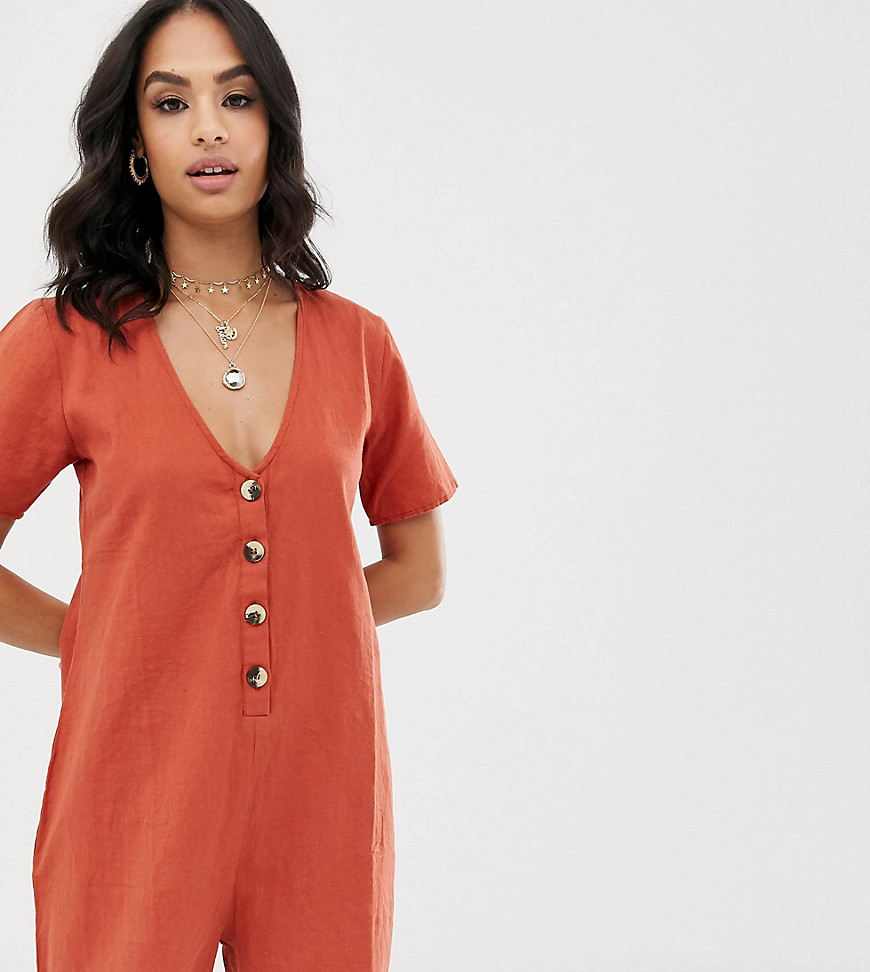 Akasa Exclusive button front beach playsuit in rust