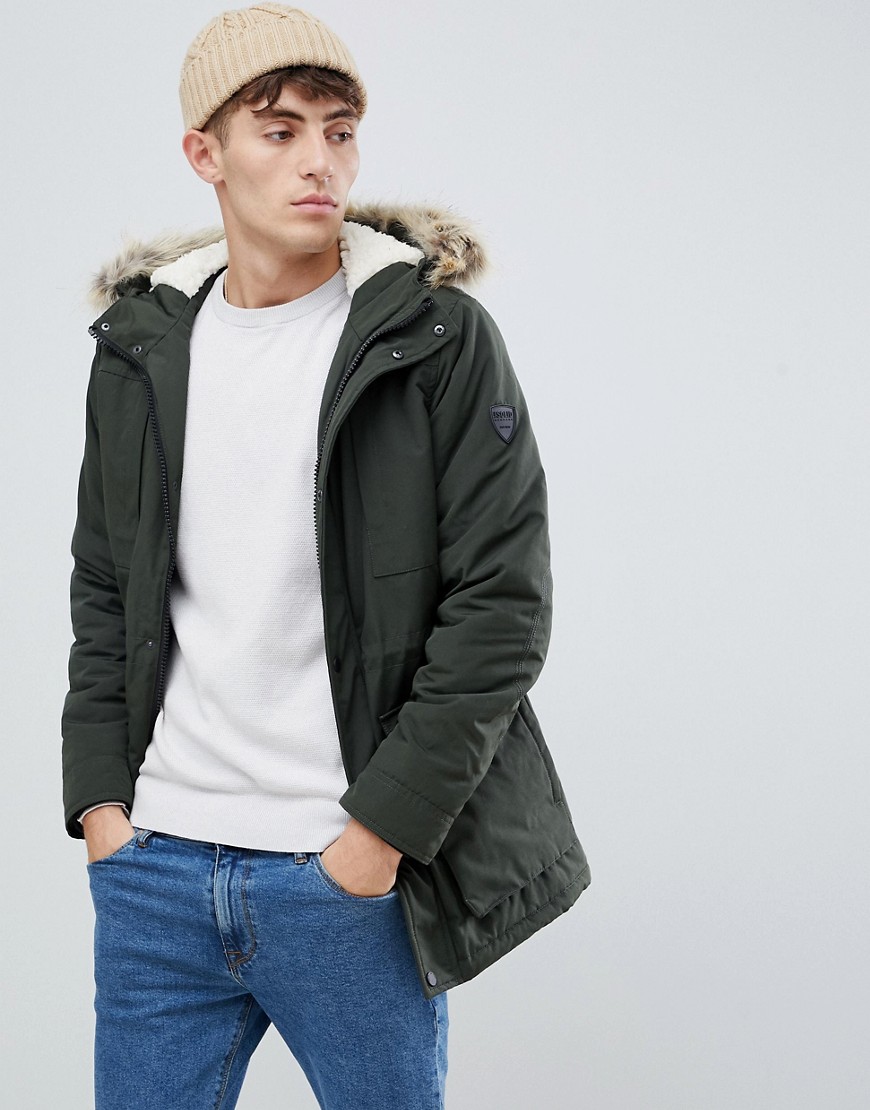 Solid Parka With Faux Fur Hood In Khaki
