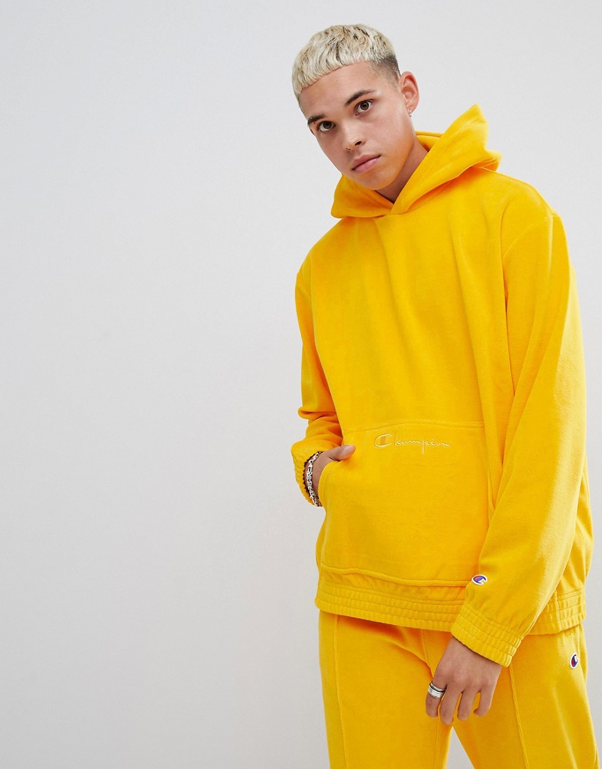 Champion velour oversized hoodie with small script logo in yellow