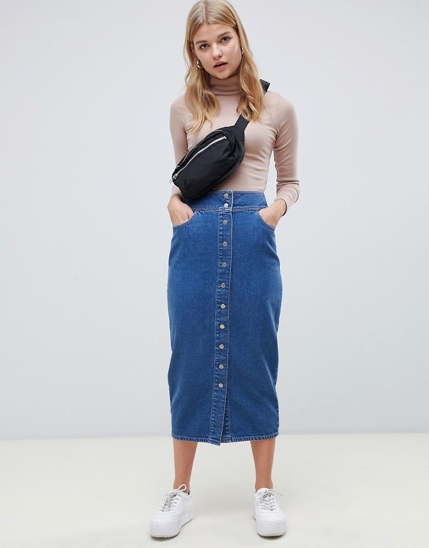 ASOS DESIGN denim midi skirt with poppers in midwash blue